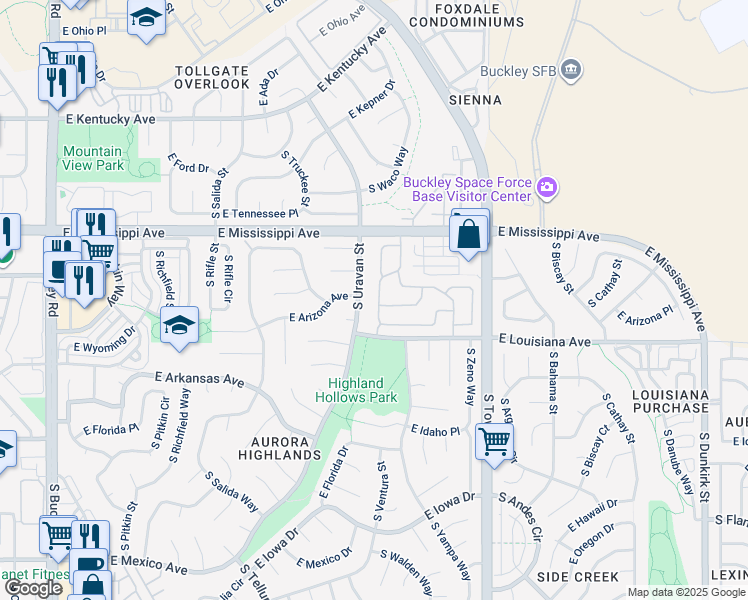 map of restaurants, bars, coffee shops, grocery stores, and more near 1180 South Waco Street in Aurora