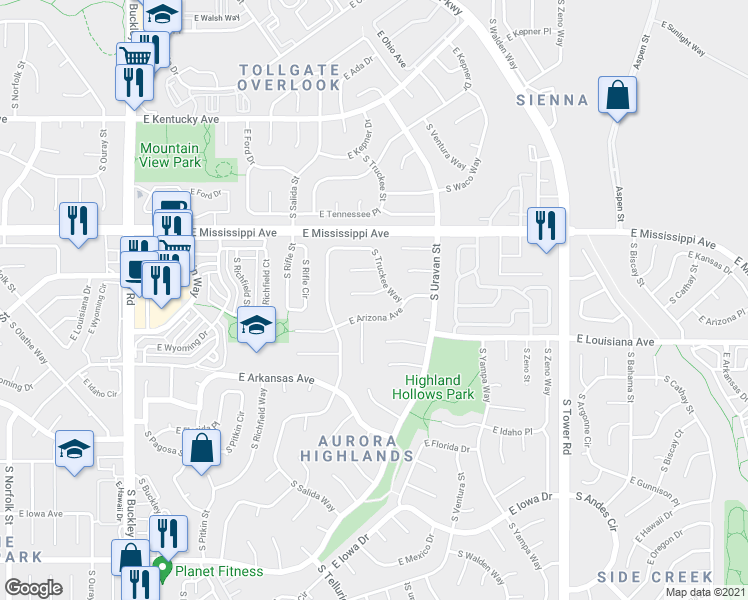map of restaurants, bars, coffee shops, grocery stores, and more near 17754 East Arizona Place in Aurora