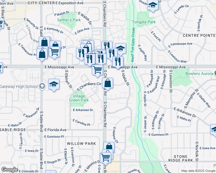 map of restaurants, bars, coffee shops, grocery stores, and more near 15300 East Arizona Avenue in Aurora