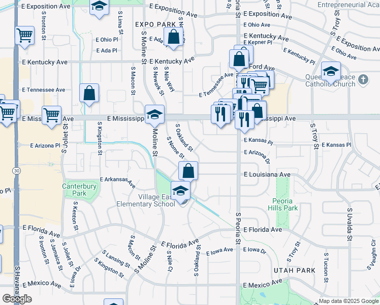 map of restaurants, bars, coffee shops, grocery stores, and more near 1167 South Oakland Street in Aurora