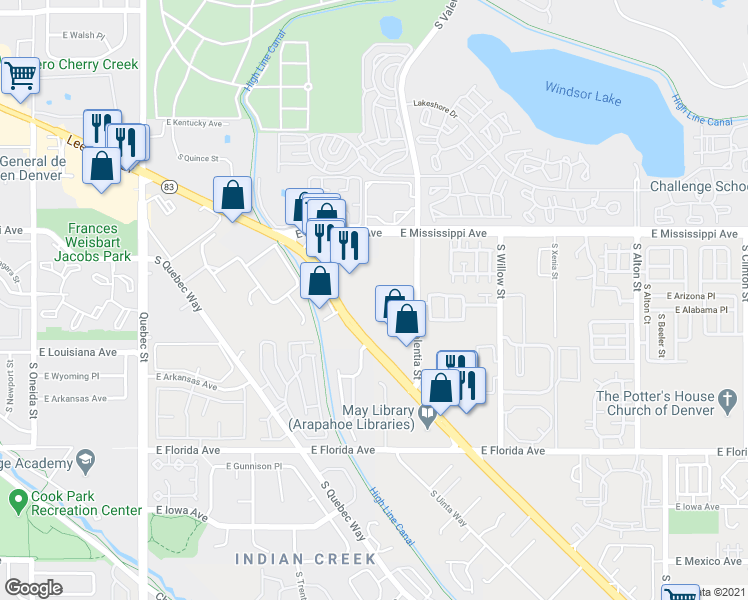 map of restaurants, bars, coffee shops, grocery stores, and more near 1302 South Parker Road in Denver