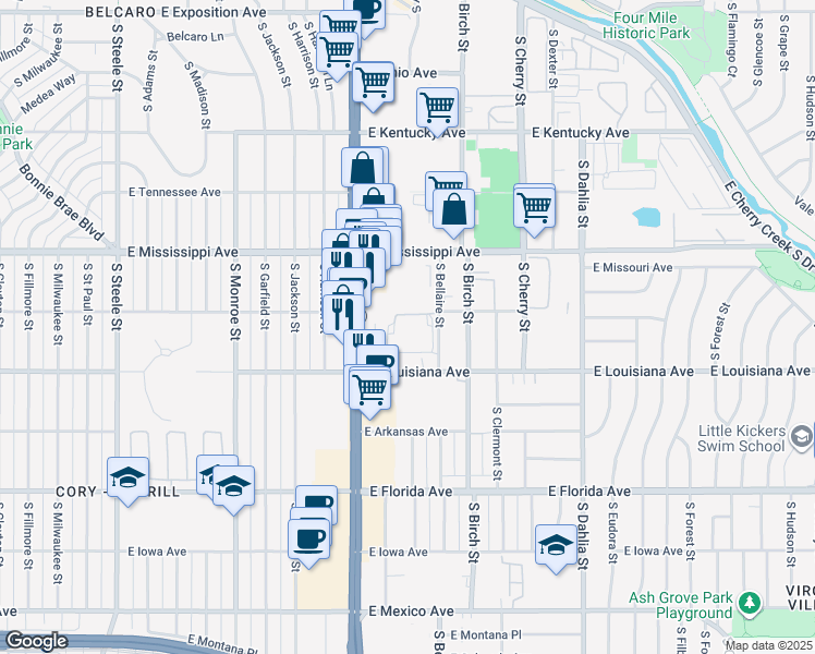 map of restaurants, bars, coffee shops, grocery stores, and more near 1225 South Bellaire Street in Denver