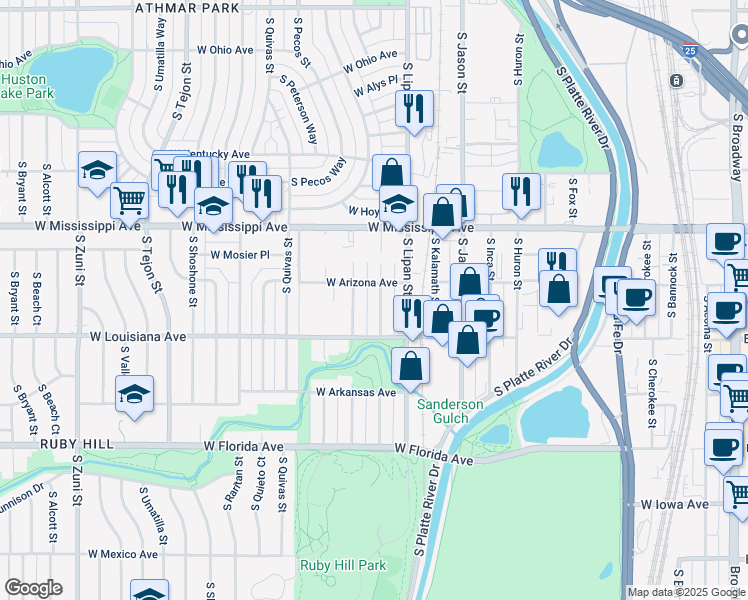 map of restaurants, bars, coffee shops, grocery stores, and more near 1225 South Mariposa Street in Denver