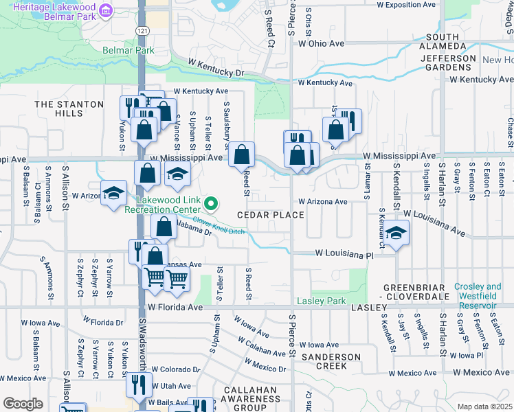 map of restaurants, bars, coffee shops, grocery stores, and more near 1210 South Reed Street in Lakewood