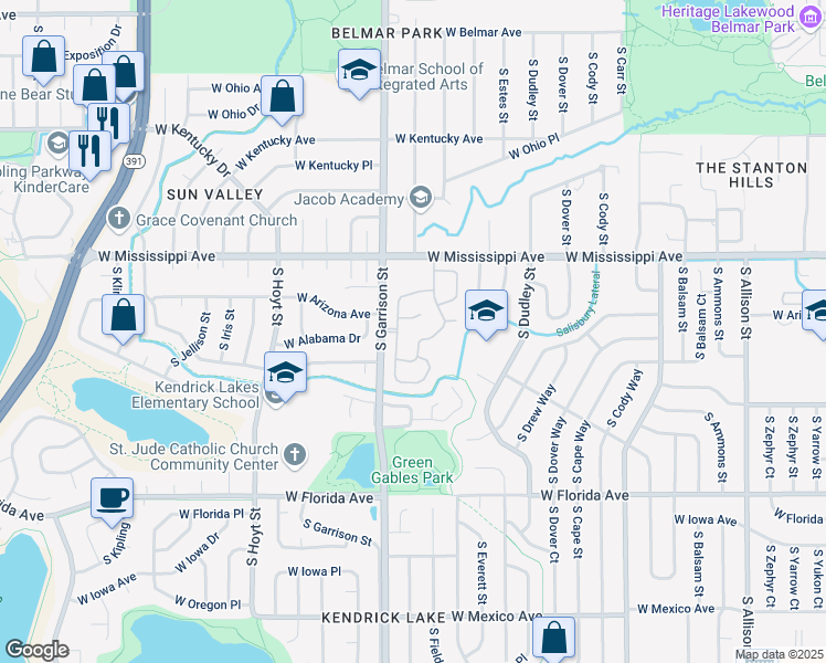 map of restaurants, bars, coffee shops, grocery stores, and more near 9074 West Arizona Way in Lakewood