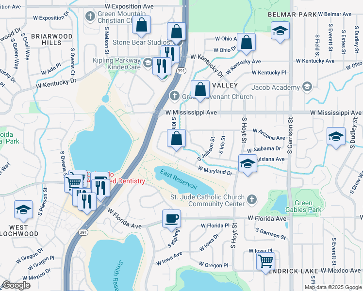 map of restaurants, bars, coffee shops, grocery stores, and more near 1223 South Johnson Way in Lakewood