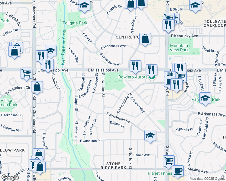 map of restaurants, bars, coffee shops, grocery stores, and more near 16251 East Alabama Drive in Aurora