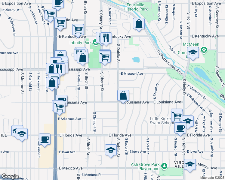 map of restaurants, bars, coffee shops, grocery stores, and more near 4705 East Louisiana Avenue in Denver