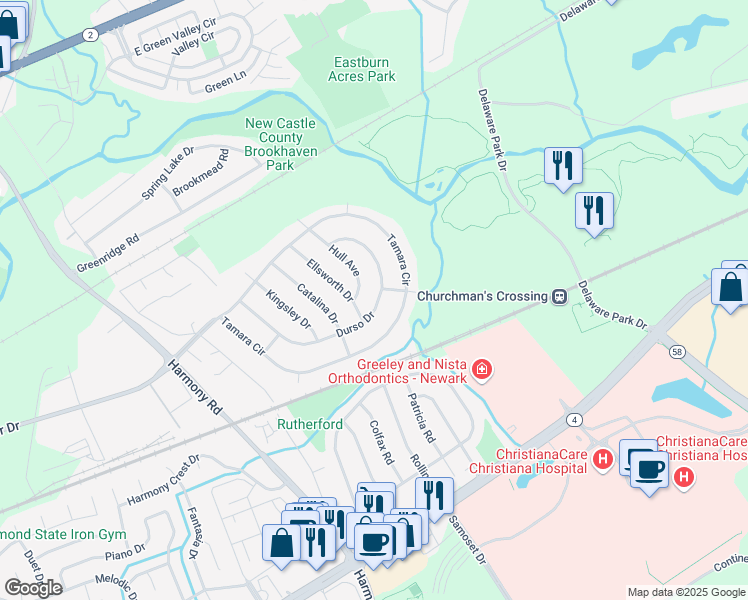 map of restaurants, bars, coffee shops, grocery stores, and more near 203 Durso Drive in Newark