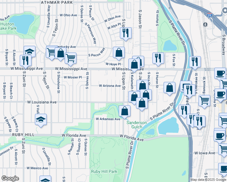 map of restaurants, bars, coffee shops, grocery stores, and more near 1225 South Mariposa Street in Denver