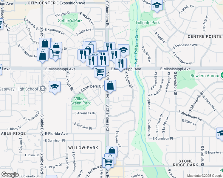 map of restaurants, bars, coffee shops, grocery stores, and more near 15300 East Arizona Avenue in Aurora