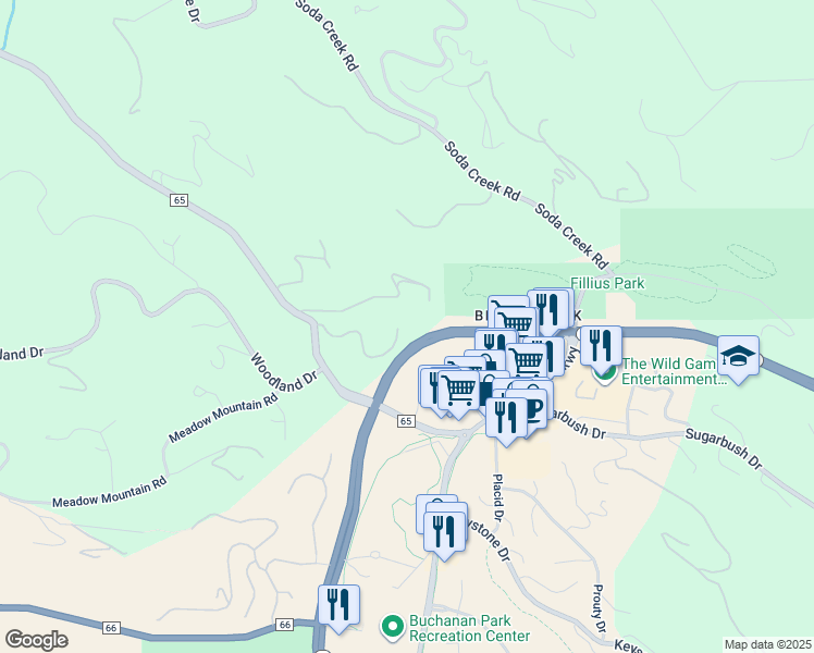 map of restaurants, bars, coffee shops, grocery stores, and more near 32007 Fox Run Lane in Evergreen