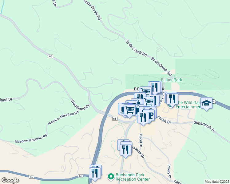 map of restaurants, bars, coffee shops, grocery stores, and more near 32007 Fox Run Ln in Evergreen