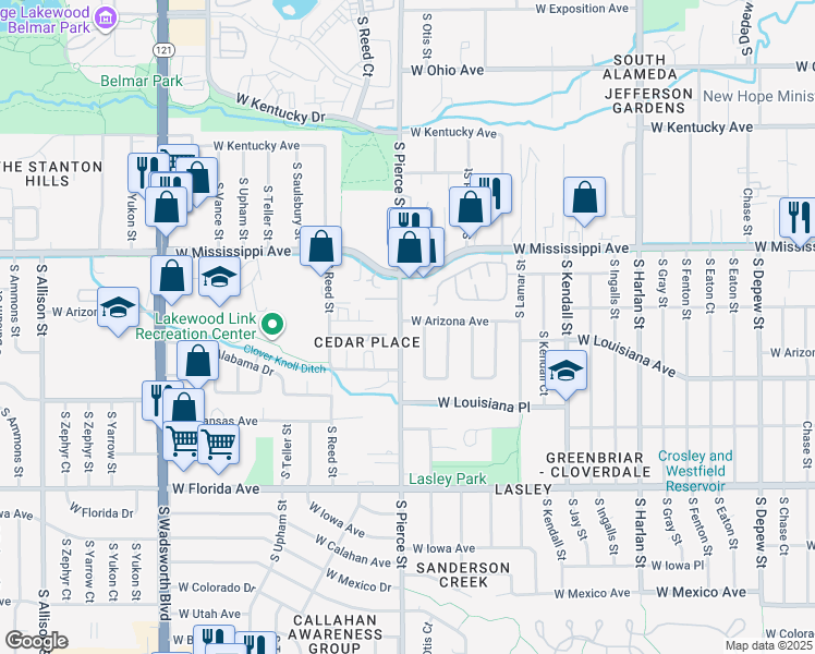 map of restaurants, bars, coffee shops, grocery stores, and more near 6790 West Arizona Avenue in Lakewood