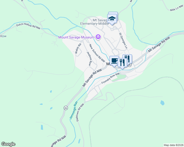map of restaurants, bars, coffee shops, grocery stores, and more near 16001 Mount Savage Road Northwest in Mount Savage