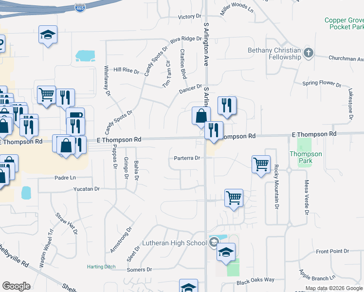 map of restaurants, bars, coffee shops, grocery stores, and more near 5895 Thompson Road in Indianapolis