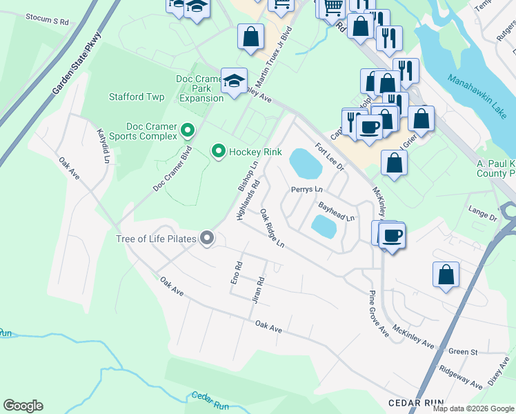 map of restaurants, bars, coffee shops, grocery stores, and more near 71 Oak Ridge Lane in Stafford Township