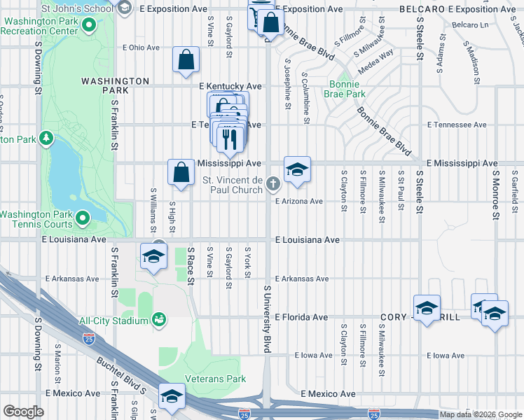 map of restaurants, bars, coffee shops, grocery stores, and more near 1211 South University Boulevard in Denver