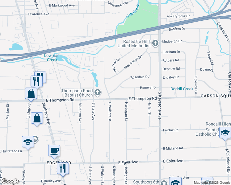 map of restaurants, bars, coffee shops, grocery stores, and more near 1825 Rosedale Drive in Indianapolis