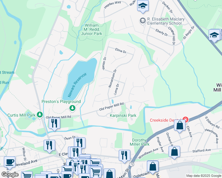 map of restaurants, bars, coffee shops, grocery stores, and more near 207 Nonantum Drive in Newark