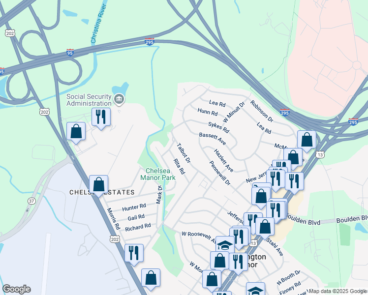 map of restaurants, bars, coffee shops, grocery stores, and more near 127 Talbot Drive in Wilmington Manor
