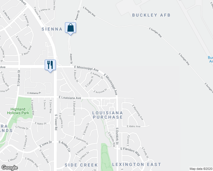 map of restaurants, bars, coffee shops, grocery stores, and more near 19196 East Kansas Drive in Aurora