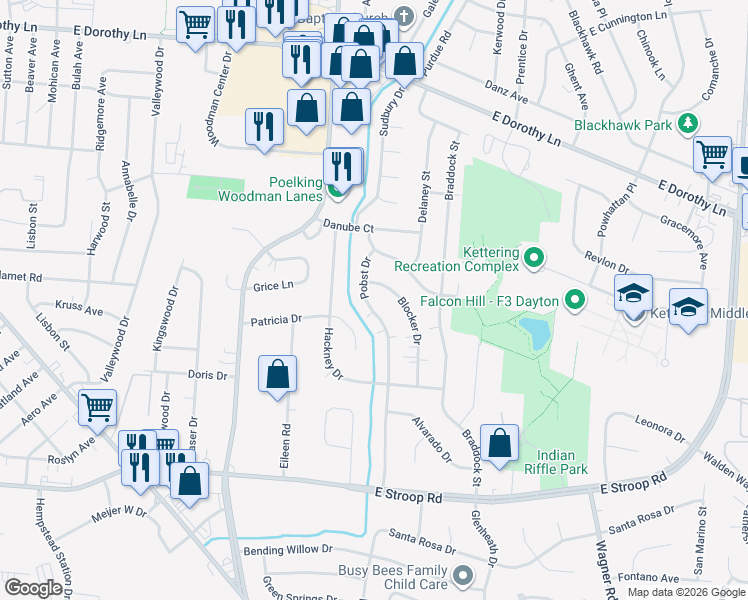 map of restaurants, bars, coffee shops, grocery stores, and more near 3420 Pobst Dr in Dayton
