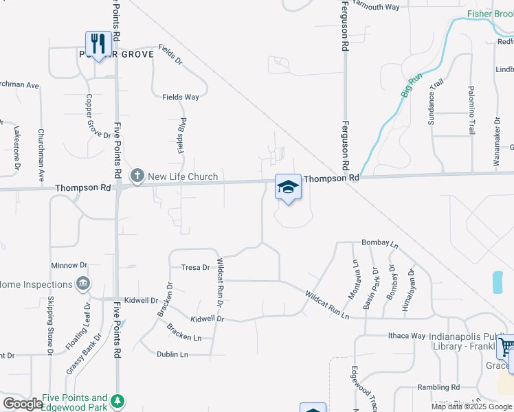 map of restaurants, bars, coffee shops, grocery stores, and more near 5048 Choctaw Ridge Dr in Indianapolis