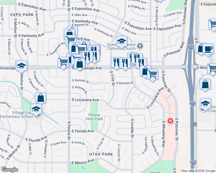 map of restaurants, bars, coffee shops, grocery stores, and more near 1181 South Troy Street in Aurora