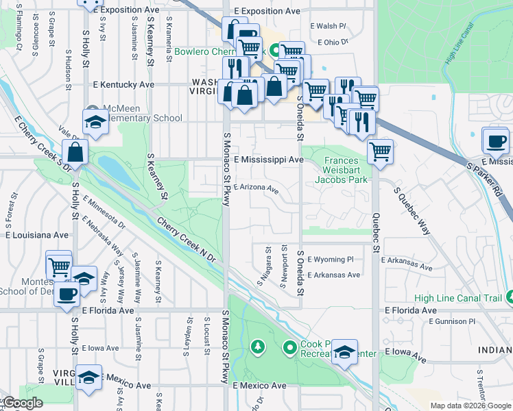 map of restaurants, bars, coffee shops, grocery stores, and more near 1250 South Monaco Parkway in Denver