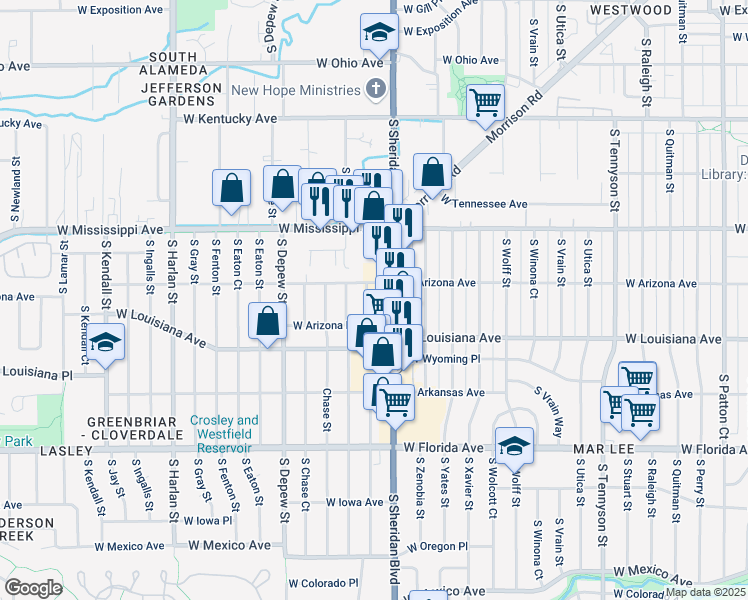 map of restaurants, bars, coffee shops, grocery stores, and more near 5290 West Arizona Avenue in Lakewood