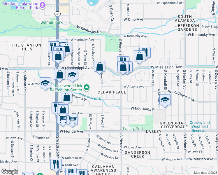 map of restaurants, bars, coffee shops, grocery stores, and more near 1244 South Reed Street in Lakewood