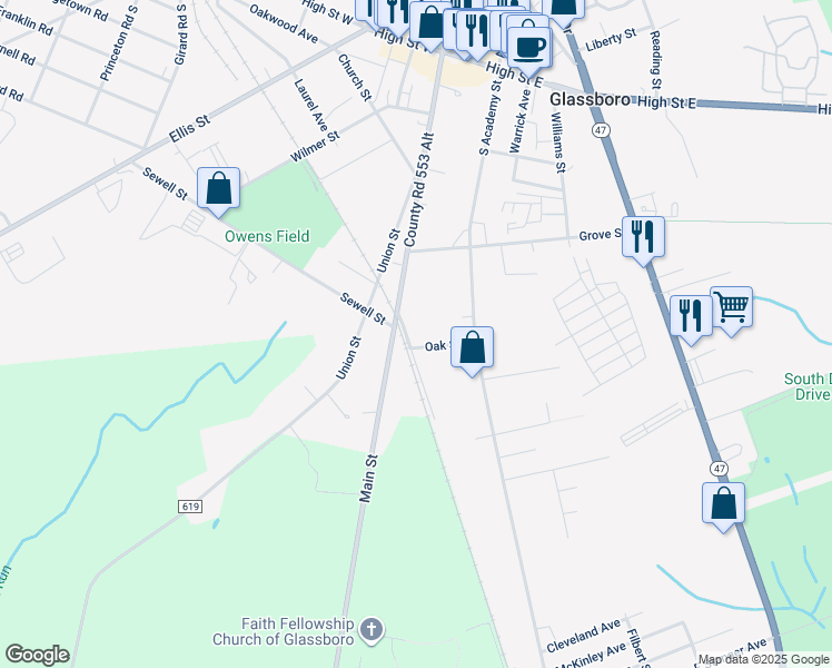 map of restaurants, bars, coffee shops, grocery stores, and more near 13 Oak Street in Glassboro