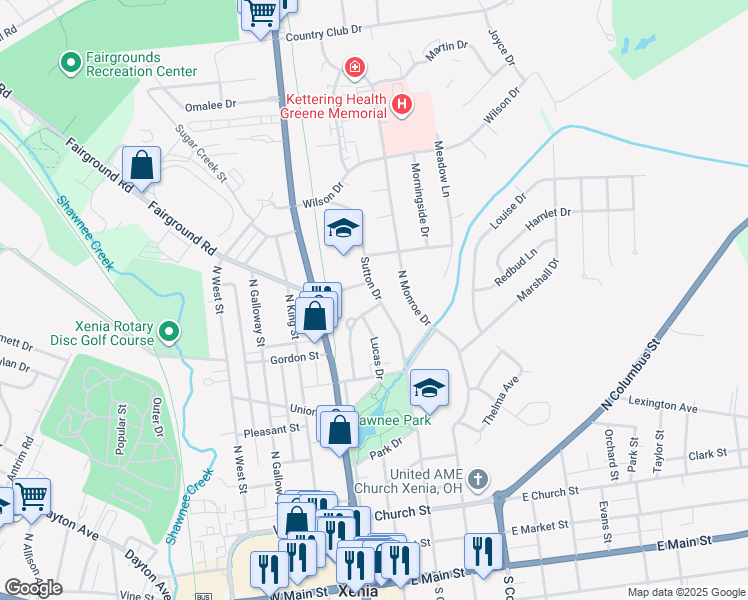 map of restaurants, bars, coffee shops, grocery stores, and more near 115 East Ankeney Mill Road in Xenia