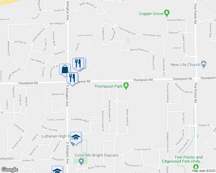 map of restaurants, bars, coffee shops, grocery stores, and more near 6316 Olympic Court in Indianapolis