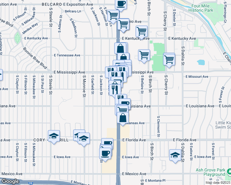map of restaurants, bars, coffee shops, grocery stores, and more near 1212 South Harrison Street in Denver