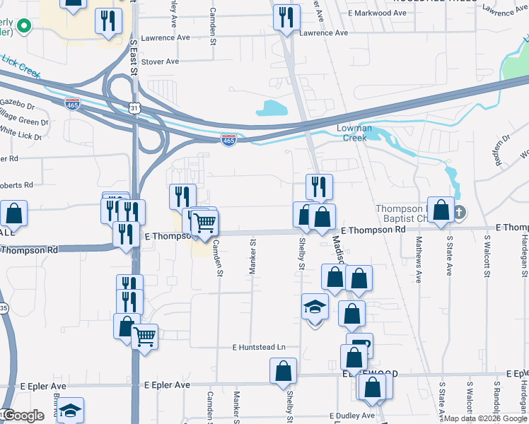 map of restaurants, bars, coffee shops, grocery stores, and more near 1015 East Elbert Street in Indianapolis
