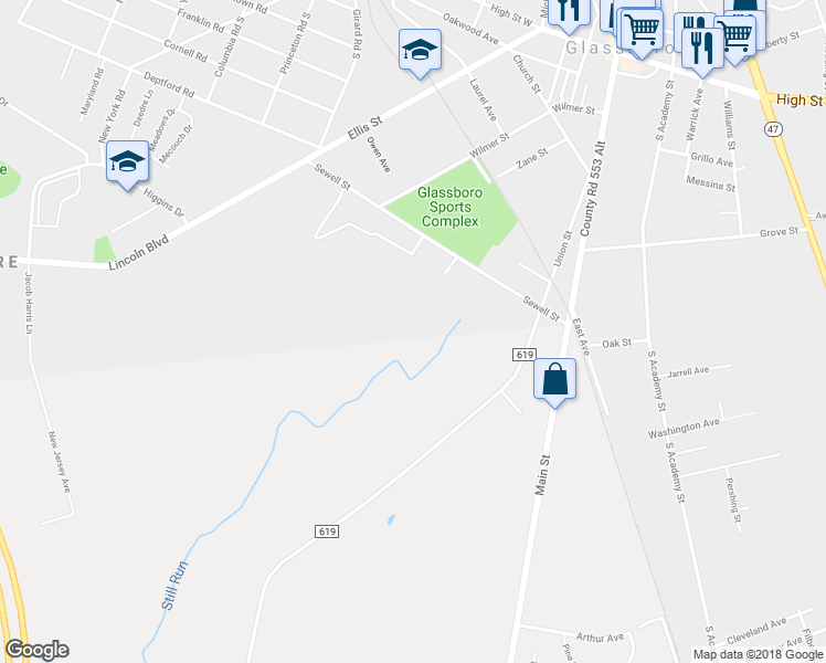 map of restaurants, bars, coffee shops, grocery stores, and more near 200 Highland Avenue in Glassboro