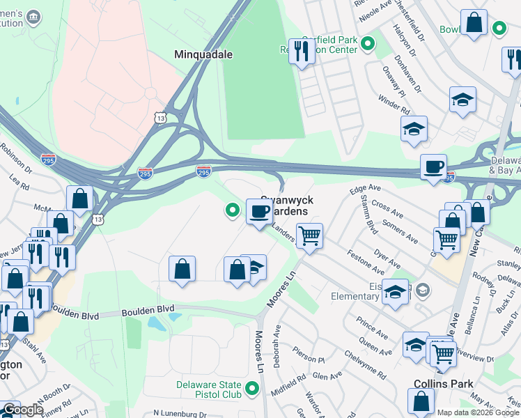 map of restaurants, bars, coffee shops, grocery stores, and more near 1 Russell Road in New Castle