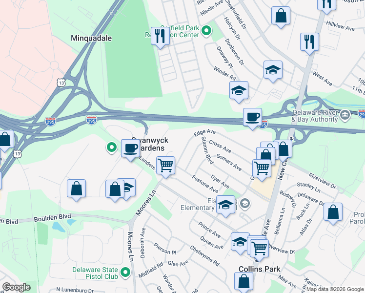 map of restaurants, bars, coffee shops, grocery stores, and more near 167 Edge Avenue in New Castle
