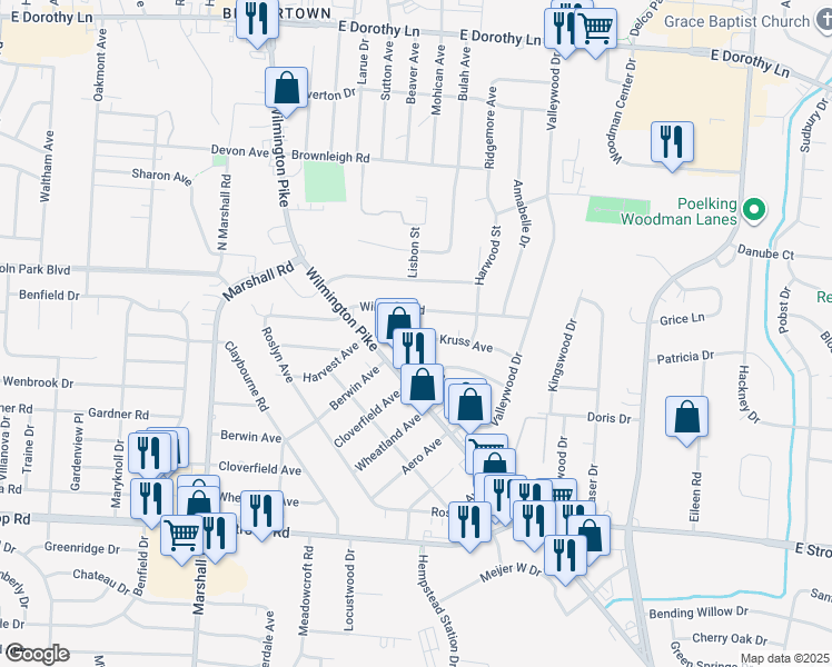 map of restaurants, bars, coffee shops, grocery stores, and more near 1701 Kruss Avenue in Kettering