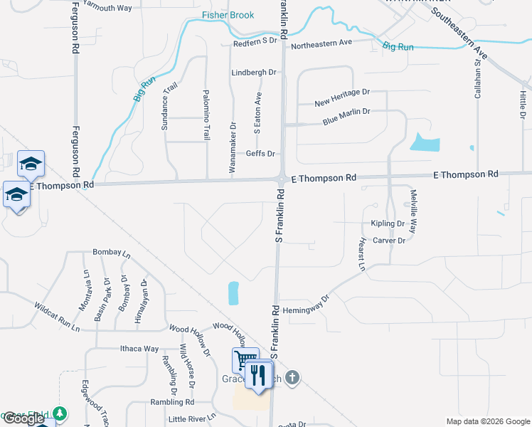 map of restaurants, bars, coffee shops, grocery stores, and more near 5000-5342 South Franklin Road in Indianapolis