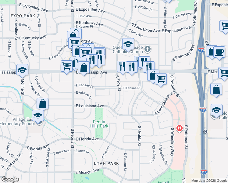 map of restaurants, bars, coffee shops, grocery stores, and more near 1183 South Troy Street in Aurora