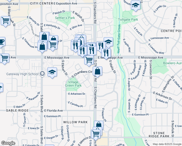 map of restaurants, bars, coffee shops, grocery stores, and more near 15282 East Louisiana Drive in Aurora