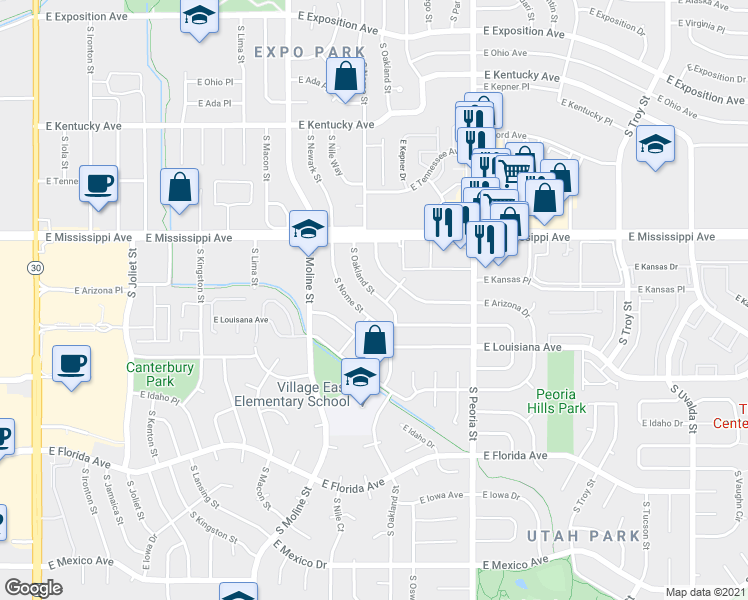 map of restaurants, bars, coffee shops, grocery stores, and more near 1167 South Oakland Street in Aurora