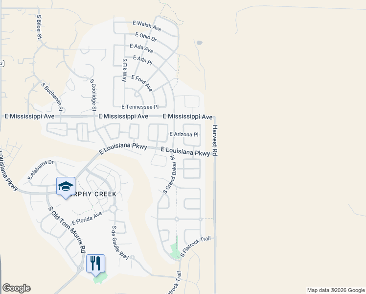 map of restaurants, bars, coffee shops, grocery stores, and more near 24656 East Arizona Circle in Aurora