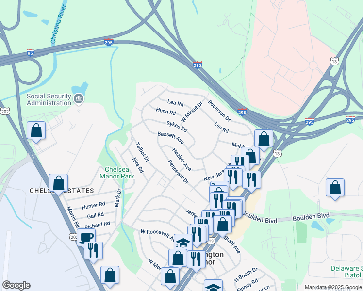 map of restaurants, bars, coffee shops, grocery stores, and more near 219 Bassett Avenue in Wilmington Manor