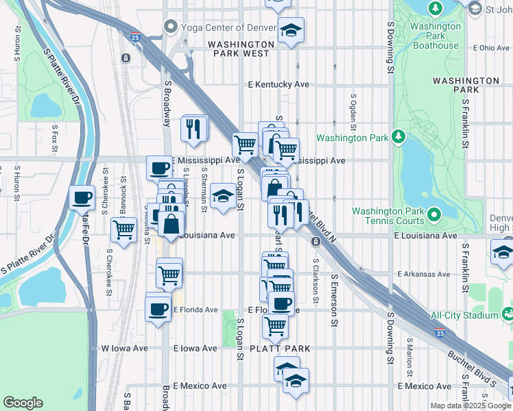 map of restaurants, bars, coffee shops, grocery stores, and more near 1213 South Pennsylvania Street in Denver