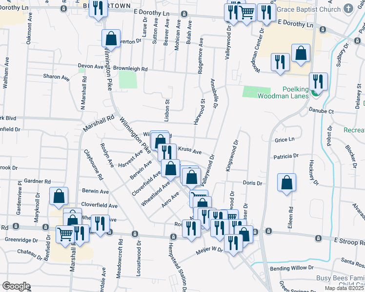 map of restaurants, bars, coffee shops, grocery stores, and more near 1721 Kruss Avenue in Dayton