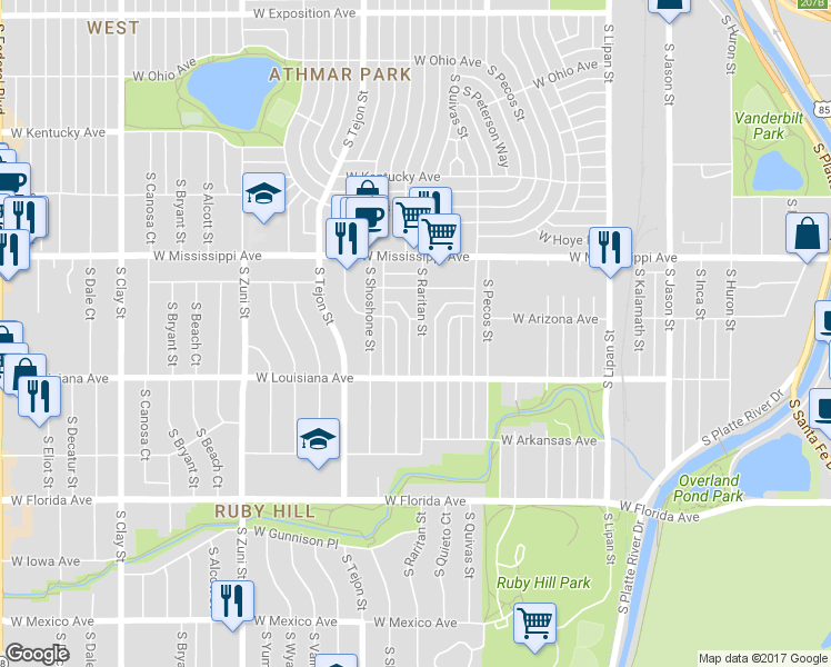 map of restaurants, bars, coffee shops, grocery stores, and more near 1229 South Raritan Street in Denver